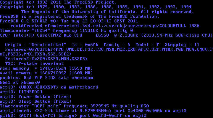 [The first boot lines from a FreeBSD 8.2-STABLE kernel]