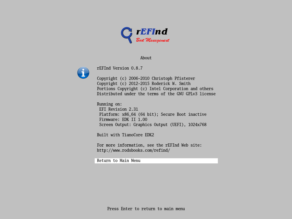 The About page for rEFInd 0.8.7