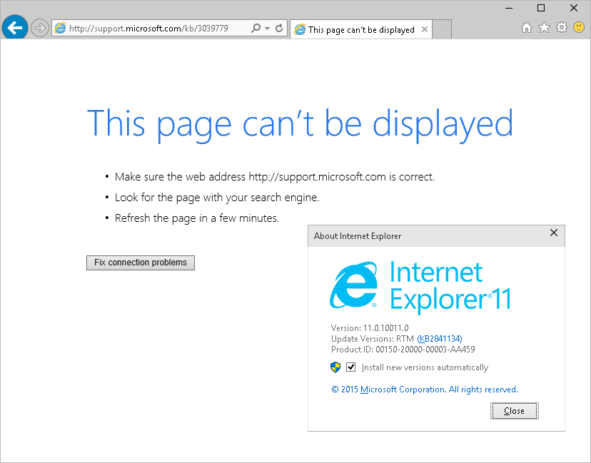 IE11 11.0.10011.0 from Windows 10 build 10074 fails to display http://support.microsoft.com/kb/3039779