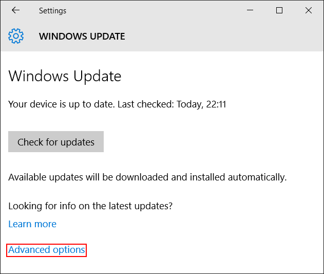 Windows Update, Advanced options, Windows 10