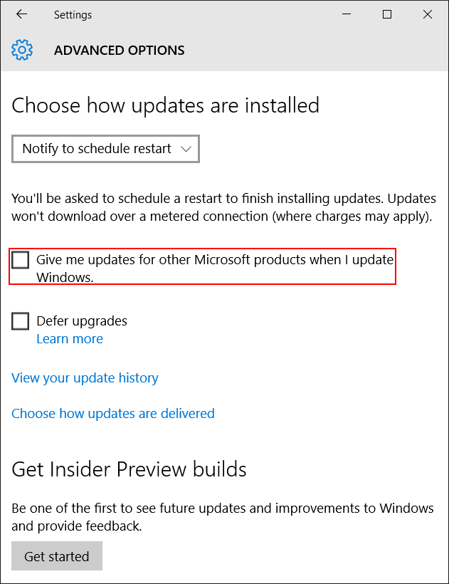 Unchecked "Give me updates for other Microsoft Products when I update Windows"