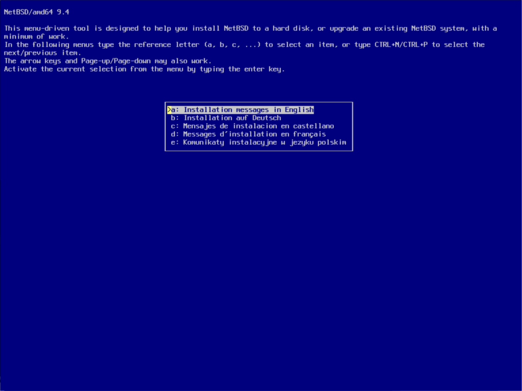 Opening screen for the installer for NetBSD/amd64 9.4